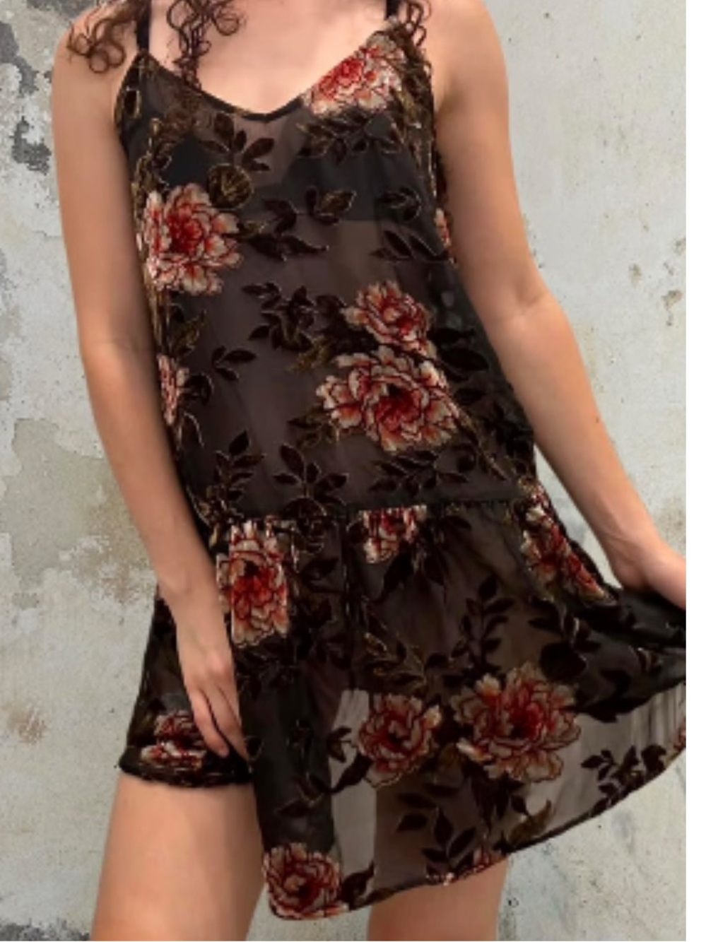 American Eagle Outfitters Black Sheer Floral Velvet-Accent baby doll dress